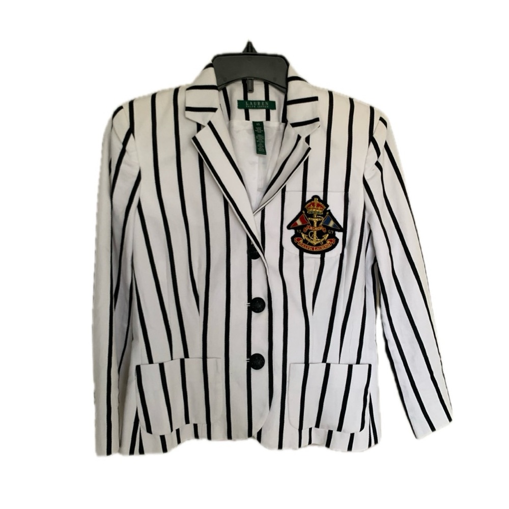 Ralph Lauren Vintage Striped Black White Crest Blazer Evening Jacket Size XS